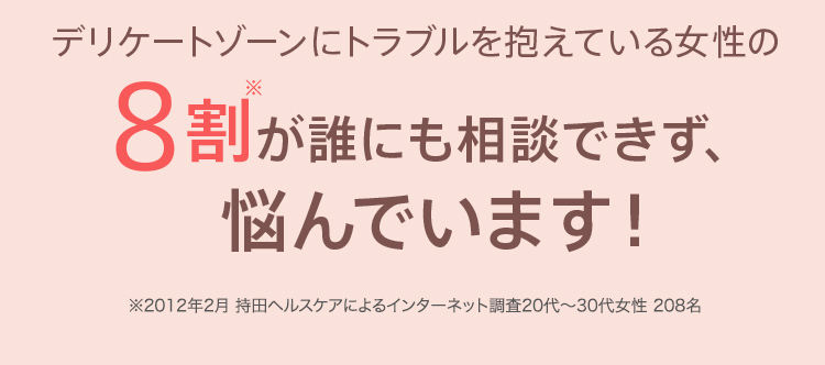 デリケートゾーンにトラブルを抱えている女性の８割※が誰にも相談できず、悩んでいます！※2012年2月 持田ヘルスケアによるインターネット調査20代～30代女性 208名