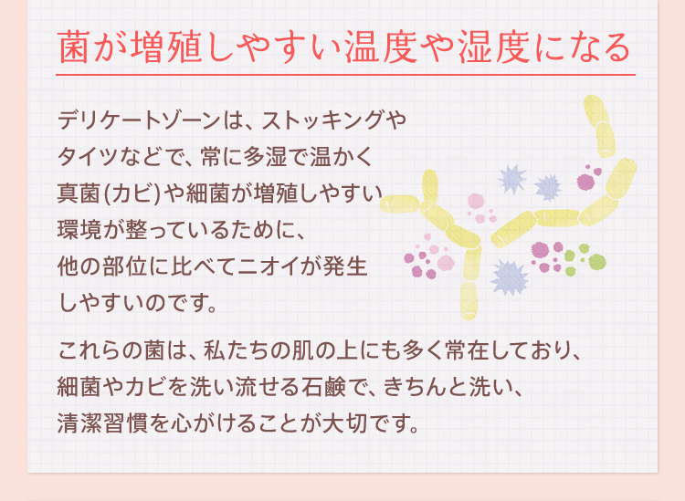 [菌が増殖しやすい温度や湿度になる]デリケートゾーンは、ストッキングやタイツなどで、常に多湿で温かく真菌(カビ)や細菌が増殖しやすい環境が整っているために、他の部位に比べてニオイが発生しやすいのです。これらの菌は、私たちの肌の上にも多く常在しており、細菌やカビを洗い流せる石鹸で、きちんと洗い、清潔習慣を心がけることが大切です。