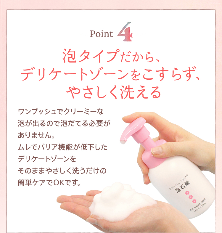 Point4：【泡タイプだから、デリケートゾーンをこすらず、やさしく洗える】ワンプッシュでクリーミーな泡が出るので泡だてる必要がありません。ムレでバリア機能が低下したデリケートゾーンをそのままやさしく洗うだけの簡単ケアでOKです。